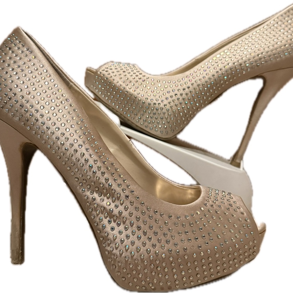 Jennifer Lopez Tan Rhinestone Platform Heels